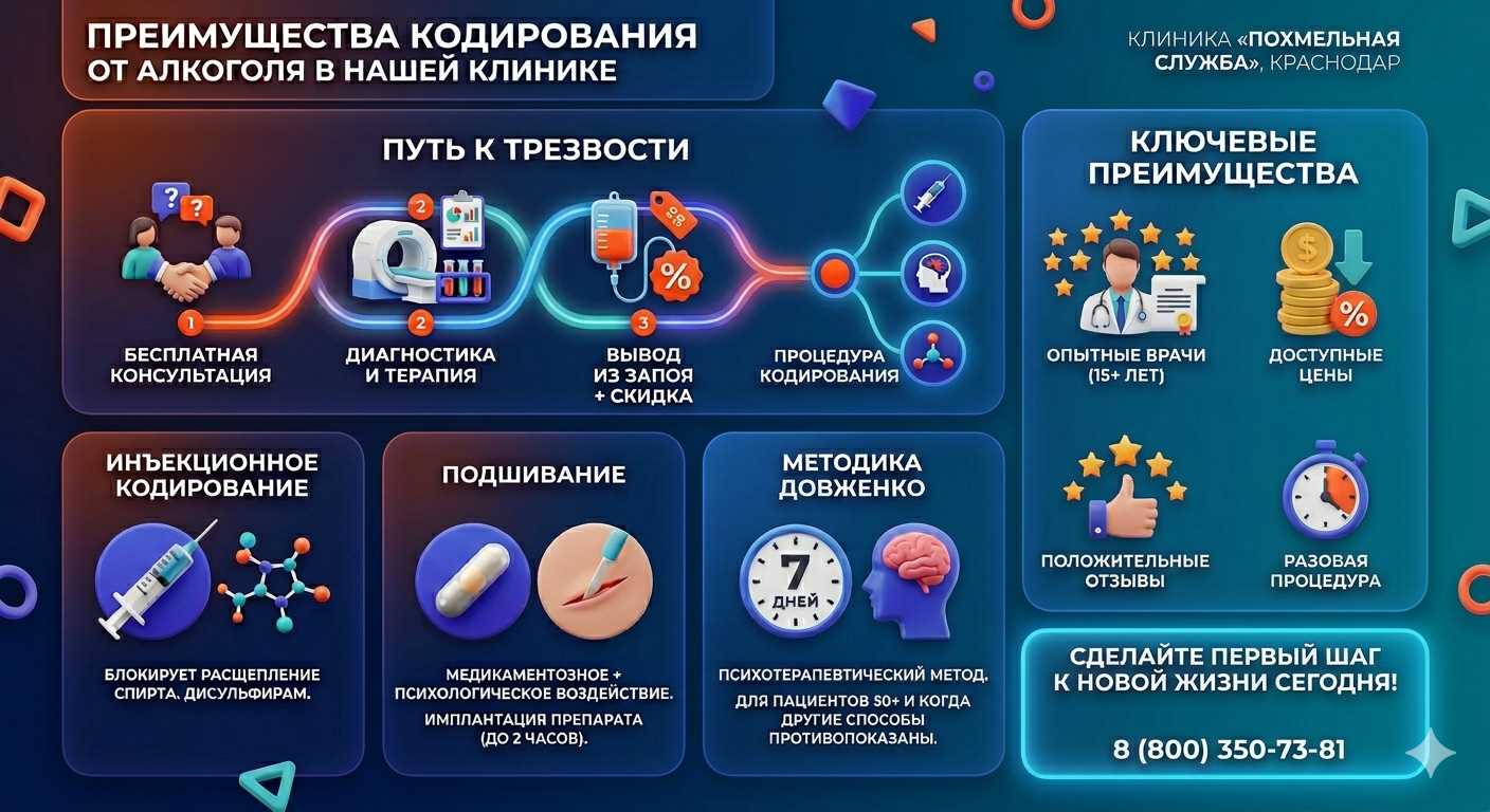 Инфографика о методах кодирования от алкоголя в Знаменске: инъекции, подшивание, метод Довженко. Преимущества клиники и этапы лечения.
