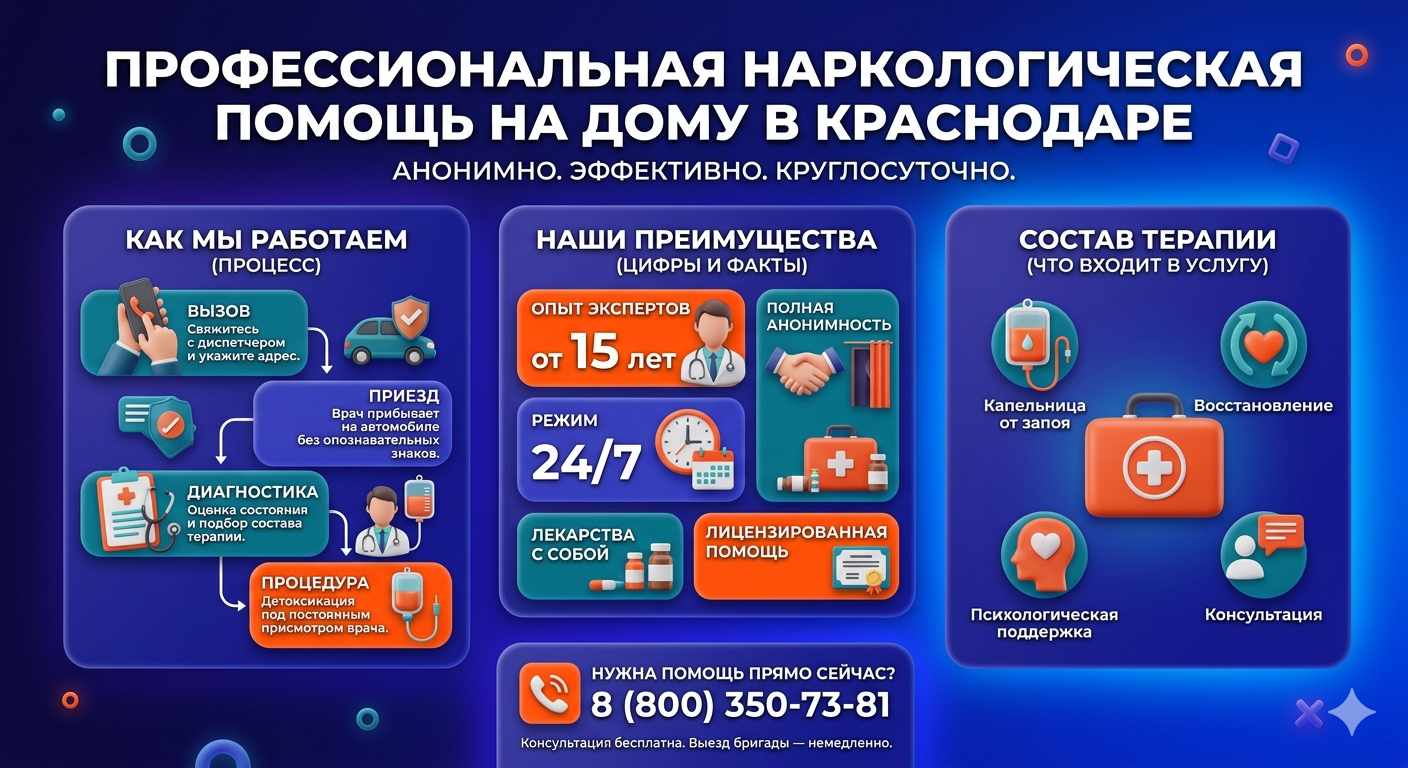 Инфографика о принципах лечения алкоголизма на дому в Знаменске: этапы вызова нарколога, преимущества анонимной детоксикации и состав медицинской помощи.